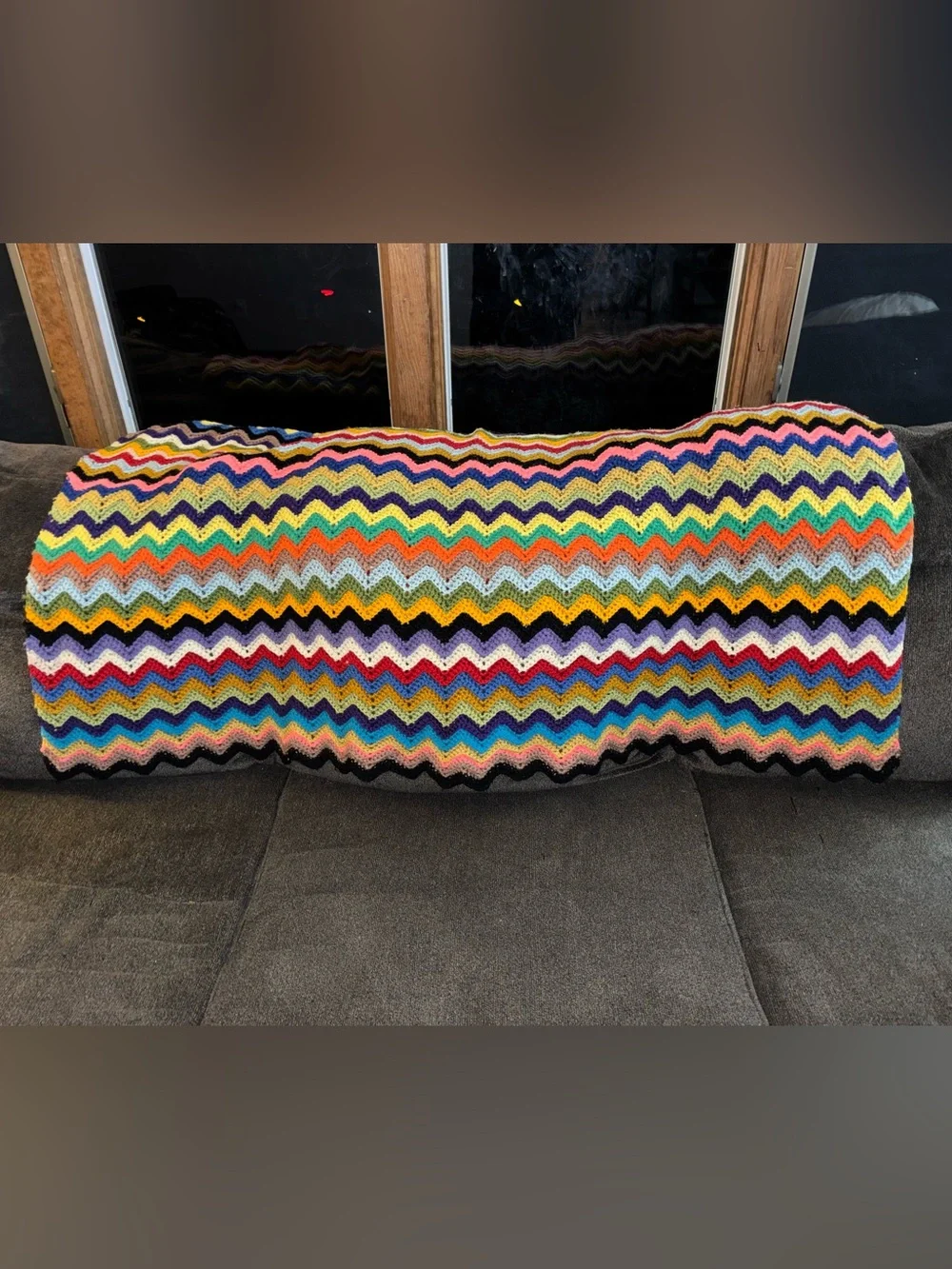Vintage Hand Crocheted Zigzag Afghan Throw